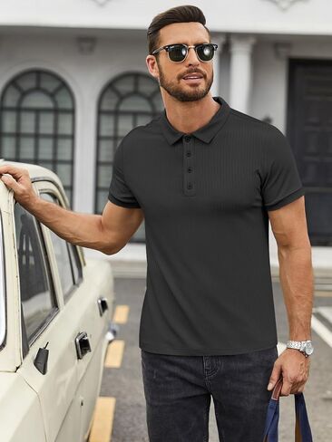 Men's Polo Shirts Short Sleeve V Neck Ribbed Knit Button Up Slim Fit Golf Muscle Blouse Tee in Saudi Arabia