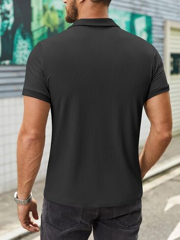 Men's Polo Shirts Short Sleeve V Neck Ribbed Knit Button Up Slim Fit Golf Muscle Blouse Tee in Saudi Arabia