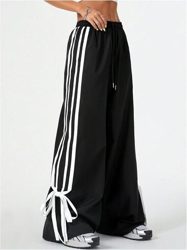 Women's Y2K Baggy Pants Bow Wide Leg Pants Striped Track Pants Elastic Waist Long Pants Sweatpants Parachute Pants in Saudi Arabia