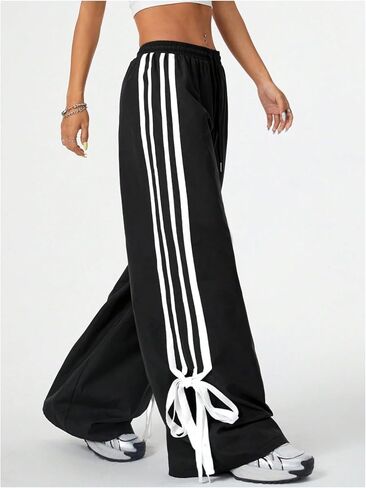 Women's Y2K Baggy Pants Bow Wide Leg Pants Striped Track Pants Elastic Waist Long Pants Sweatpants Parachute Pants in Saudi Arabia