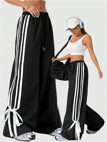 Women's Y2K Baggy Pants Bow Wide Leg Pants Striped Track Pants Elastic Waist Long Pants Sweatpants Parachute Pants in Saudi Arabia