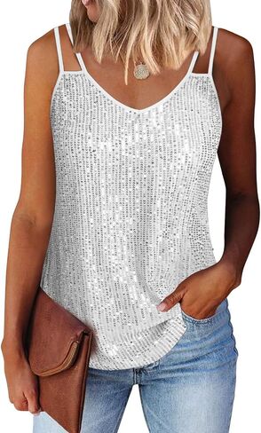 Allimy Womens Strappy Sequin V Neck Tank Tops Sparkle Shimmer Party Club Tank Tops Sleeveless Shirts in Saudi Arabia
