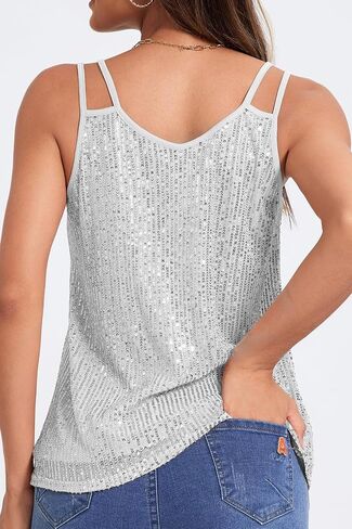 Allimy Womens Strappy Sequin V Neck Tank Tops Sparkle Shimmer Party Club Tank Tops Sleeveless Shirts in Saudi Arabia