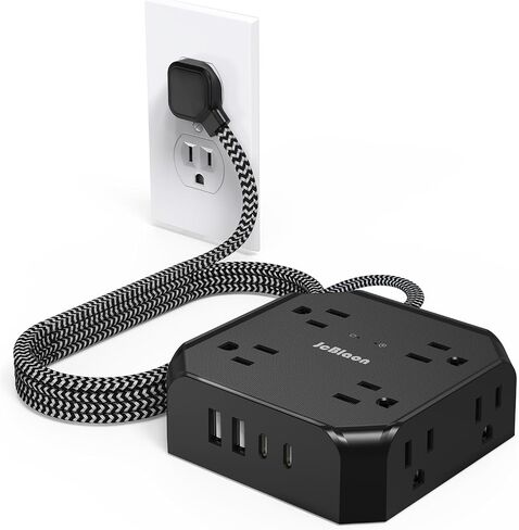 Power Strip Surge Protector - 8 Outlets with 4 USB (2 USB C) Charging Ports,JcBlaon Multi Ultra Thin Flat Plug Outlet Adapter with 5Ft Braided Extension Cord for Home, Office, Dorm,Travel Essentials in Saudi Arabia