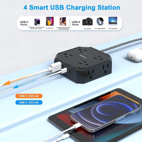 Power Strip Surge Protector - 8 Outlets with 4 USB (2 USB C) Charging Ports,JcBlaon Multi Ultra Thin Flat Plug Outlet Adapter with 5Ft Braided Extension Cord for Home, Office, Dorm,Travel Essentials in Saudi Arabia