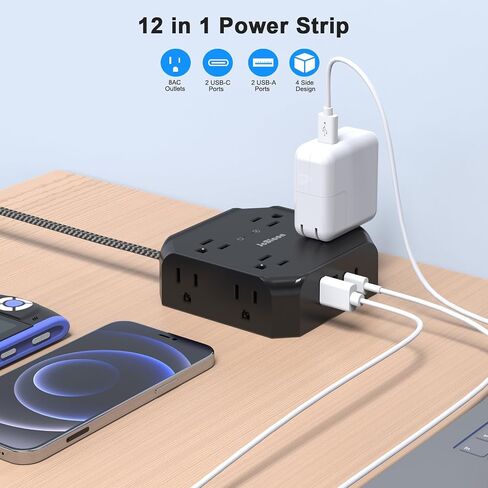 Power Strip Surge Protector - 8 Outlets with 4 USB (2 USB C) Charging Ports,JcBlaon Multi Ultra Thin Flat Plug Outlet Adapter with 5Ft Braided Extension Cord for Home, Office, Dorm,Travel Essentials in Saudi Arabia