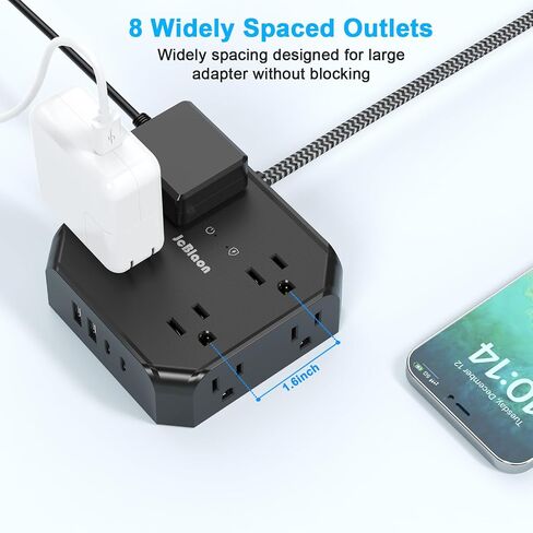 Power Strip Surge Protector - 8 Outlets with 4 USB (2 USB C) Charging Ports,JcBlaon Multi Ultra Thin Flat Plug Outlet Adapter with 5Ft Braided Extension Cord for Home, Office, Dorm,Travel Essentials in Saudi Arabia