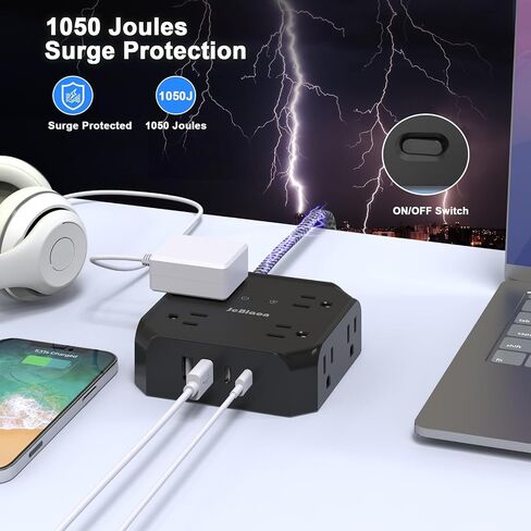 Power Strip Surge Protector - 8 Outlets with 4 USB (2 USB C) Charging Ports,JcBlaon Multi Ultra Thin Flat Plug Outlet Adapter with 5Ft Braided Extension Cord for Home, Office, Dorm,Travel Essentials in Saudi Arabia