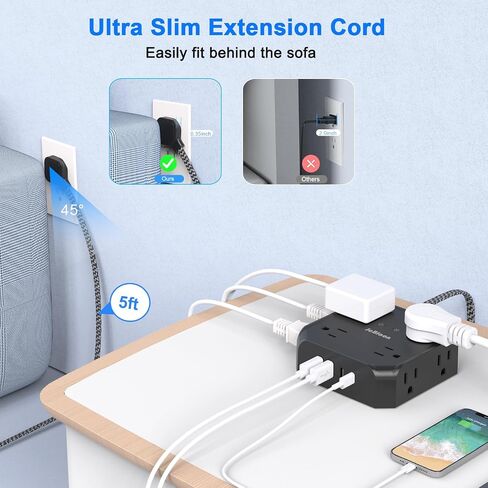 Power Strip Surge Protector - 8 Outlets with 4 USB (2 USB C) Charging Ports,JcBlaon Multi Ultra Thin Flat Plug Outlet Adapter with 5Ft Braided Extension Cord for Home, Office, Dorm,Travel Essentials in Saudi Arabia