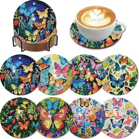 EWJRNSF 8 PCS Diamond Art Coasters Kit, Small Diamond Painting Coasters, Fall Butterfly Diamond Art Kits for Adults Beginners, Arts and Crafts Supplies Item Sets with Holder in Kuwait
