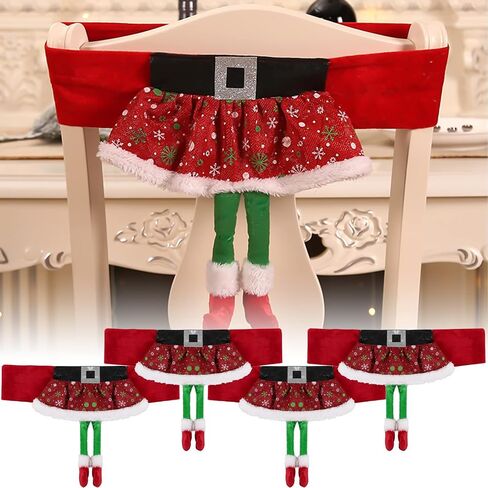 ANMINY 4PCS Christmas Chair Sashes Decorative Stretchy Xmas Back Covers Dining Chair Slipcovers Red Santa Claus Belt Buckle Bands for Holiday Season Wedding Party Decoration Photography - Santa's Belt in Saudi Arabia