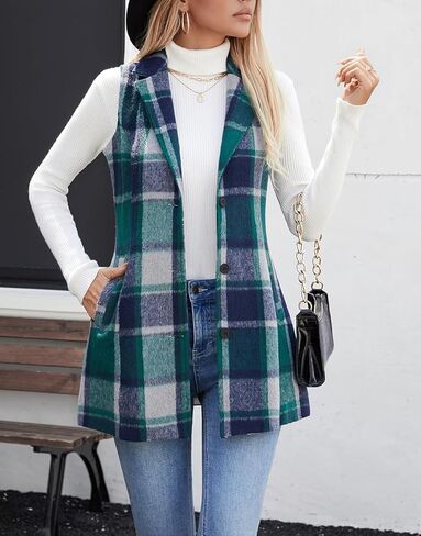 سترة نسائية من Olrain منقوشة بدون أكمام من الفلانيل ورقبة على شكل طية صدر وزر للأسفل سترة طويلة معطف خارجي مع جيوب لخريف وشتاء in Kuwait