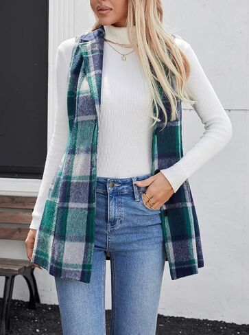 سترة نسائية من Olrain منقوشة بدون أكمام من الفلانيل ورقبة على شكل طية صدر وزر للأسفل سترة طويلة معطف خارجي مع جيوب لخريف وشتاء in Kuwait