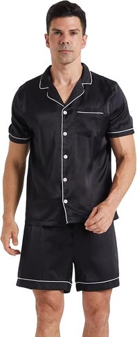 LANBAOSI Mens Satin Pajamas Set Shorts Summer Silk Button Down PJ Short Sleeve Shirt Tops Bottoms Loungewear in Kuwait