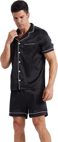 LANBAOSI Mens Satin Pajamas Set Shorts Summer Silk Button Down PJ Short Sleeve Shirt Tops Bottoms Loungewear in Kuwait