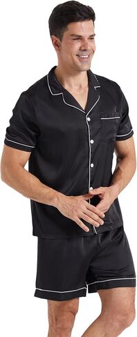 LANBAOSI Mens Satin Pajamas Set Shorts Summer Silk Button Down PJ Short Sleeve Shirt Tops Bottoms Loungewear in Kuwait
