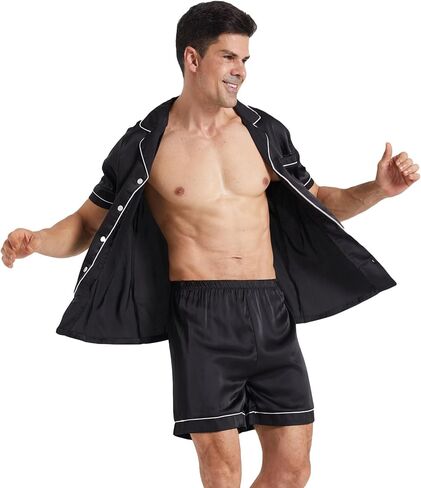 LANBAOSI Mens Satin Pajamas Set Shorts Summer Silk Button Down PJ Short Sleeve Shirt Tops Bottoms Loungewear in Kuwait