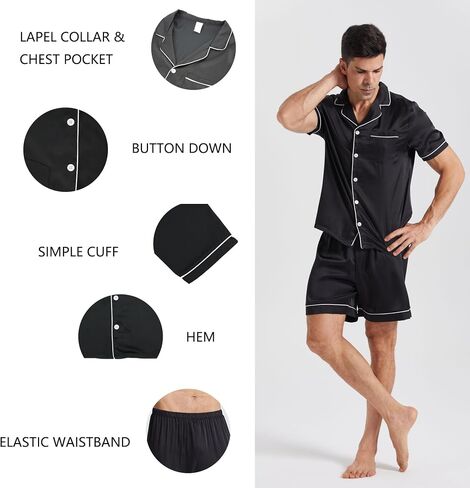 LANBAOSI Mens Satin Pajamas Set Shorts Summer Silk Button Down PJ Short Sleeve Shirt Tops Bottoms Loungewear in Kuwait