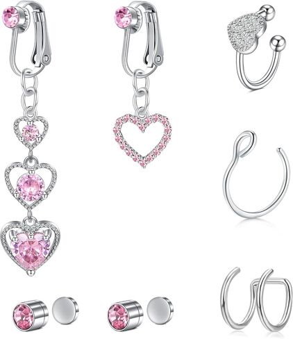 FECTAS Fake Belly Button Rings Clip on Earrings Ear Cuff Fake Nose Rings Fake Piercings Faux Piercing Jewelry Pack Pink in Saudi Arabia
