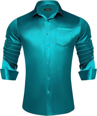 DiBanGu Mens Long Sleeve Button Down Shirt,Satin Shiny Dress Shirt for Men Solid Regular Fit Shirts with Pocket Wedding Party in Kuwait