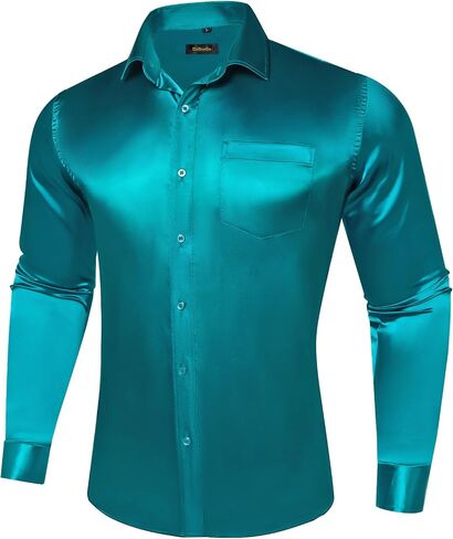 DiBanGu Mens Long Sleeve Button Down Shirt,Satin Shiny Dress Shirt for Men Solid Regular Fit Shirts with Pocket Wedding Party in Kuwait