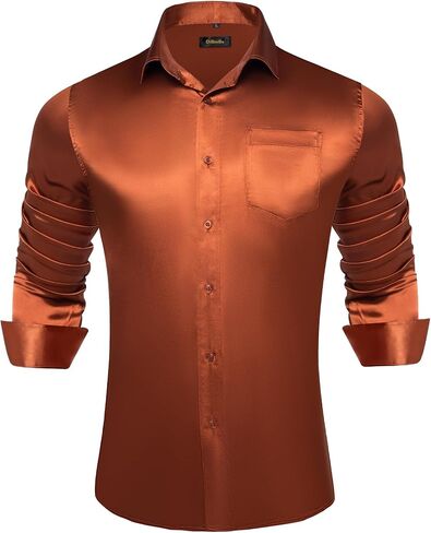 DiBanGu Mens Long Sleeve Button Down Shirt,Satin Shiny Dress Shirt for Men Solid Regular Fit Shirts with Pocket Wedding Party in Kuwait