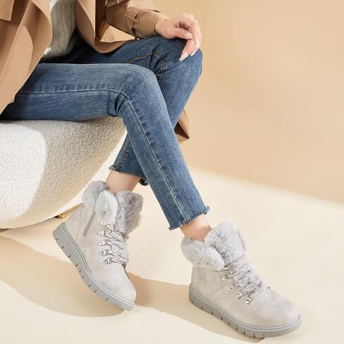 hash bubbie Women's Winter Boots Ankle Booties for Women Warm Fuzzy Boots Lace up PU Leather Snow Boots with Zipper in Saudi Arabia