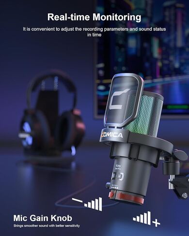 ميكروفون لاسلكي Comica Ejoy Uni PRO(D) USB مع خاصية إلغاء الضوضاء، وأضواء RGB، والمراقبة، وكتم الصوت، وميكروفون الألعاب للكمبيوتر، والكمبيوتر الشخصي، وPS5، وPS4، والهاتف، والبث، والبودكاست، ويوتيوب (حامل ميكروفون مكتبي) in Kuwait