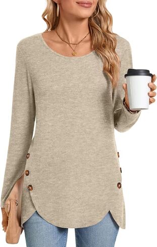 POPYOUNG 2024 Womens Fall-Winter Casual Long Sleeve Tunic Tops for Leggings Ladies Both Side Buttons Blouse in Saudi Arabia