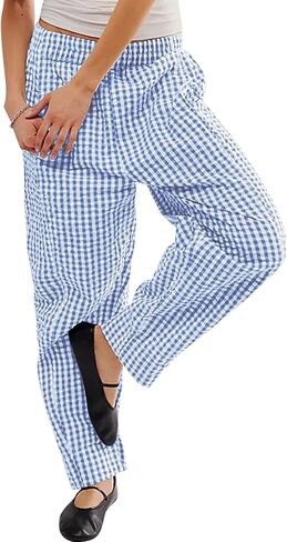 YKR Plaid Pants for Women Gingham Lounge Wide Leg Low Waist Pajama Pants Elastic Waist Trousers with Pocket in Saudi Arabia