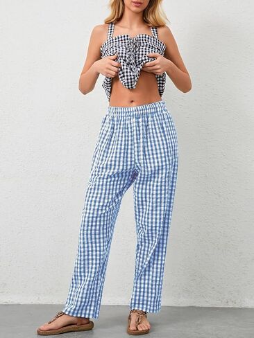 YKR Plaid Pants for Women Gingham Lounge Wide Leg Low Waist Pajama Pants Elastic Waist Trousers with Pocket in Saudi Arabia