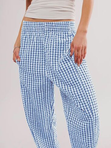 YKR Plaid Pants for Women Gingham Lounge Wide Leg Low Waist Pajama Pants Elastic Waist Trousers with Pocket in Saudi Arabia