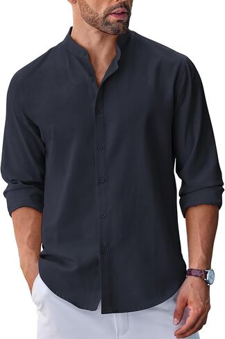COOFANDY Men's Long Sleeve Oxford Dress Shirts Chambray Button Down Shirt Casual Band Collar Shirts in Saudi Arabia