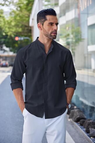 COOFANDY Men's Long Sleeve Oxford Dress Shirts Chambray Button Down Shirt Casual Band Collar Shirts in Saudi Arabia