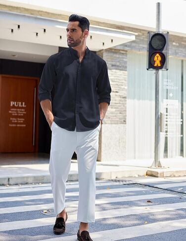 COOFANDY Men's Long Sleeve Oxford Dress Shirts Chambray Button Down Shirt Casual Band Collar Shirts in Saudi Arabia