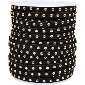 20 Yards Black Studded Faux Suede Cord Lace 5mm Flat Faux Leather Strip Ribbon with Aluminum Rivets Micro Fiber Braiding Leather String for DIY Jewelry Making