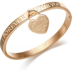 JINHUI Gold Bangles Bracelets for Women, Love Heart Dangle Charm Dainty Women’s Bangles Bracelets Hollow out 18K Plated Engraved Stainless Steel 6.5"