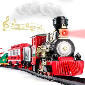 Classic Christmas Train Toys Set with Lights and Sounds, Electric Train Set with Tracks, Locomotive Engine, Cargo Car, Candy-Filled Car, and Car with Santa Claus for Boys & Girls