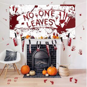 Halloween Scary Decorations Set: No One Leave Backdrop, Horror Banner, Bloody Footprints and Handprints Floor Clings Decals, Zombie Vampire Party Indoor Outdoor Decor Supplies