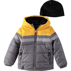 LONDON FOG Boys' Big Active Puffer Jacket Winter Coat, Yellow Block on Grey, 10/12