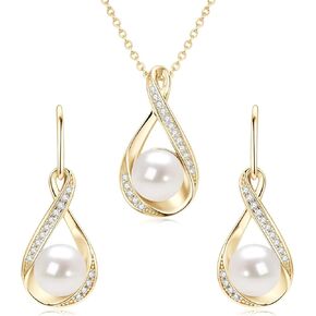 Sterling Silver Pearl Jewelry Set with Shiny Moissanite, Real Freshwater Pearl Earrings Necklace for Women, Wedding Jewelry for Brides Bridesmaid, Mother's Day
