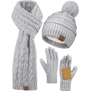 URATOT Winter Beanie Hat Scarf Gloves 3 in 1 Set for Women Fleece Lined Beanie Pompom Hat Touchscreen Gloves Long Scarf