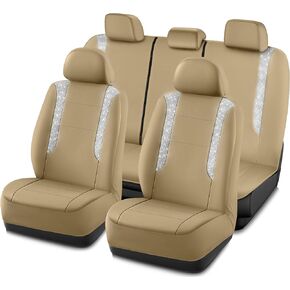 PIC AUTO Car Seat Cover, Sparkly Crystal Bling Glitter with Gray Leather, Full Set Waterproof Automotive Seat Covers for Girls & Women, Airbag Compatible, Universal Fit for Cars, SUVs, Truck