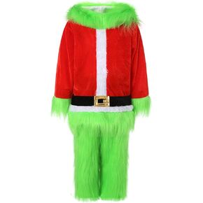 Kids Christmas Costumes Long Sleeve Hooded Top and Pants Sets Green Furry Monster Christmas Outfits