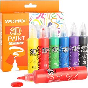 أقلام طلاء أكريليك ثلاثية الأبعاد من AUREUO - 6 ألوان × 0.85 أونصة / 25 مل - طلاء قماش منتفخ لامع لحرف الهالوين، دهانات قماش دائمة للملابس والمنسوجات والخشب والزجاج