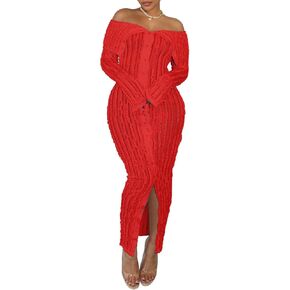 Womens Sexy Off Shoulder Maxi Dress Pleated See Through Flare Sleeve Button Down Slit Bodycon Long Dresses