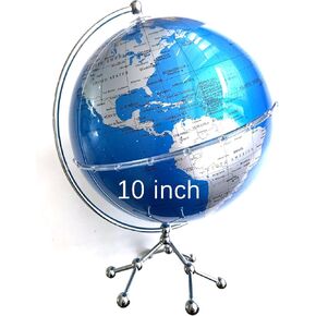 Blue-Silver 10“ World Globe with Steel Stand，360° Illuminated Educational Globes with HD Printed Map for home office Decoration and Kids Classroom