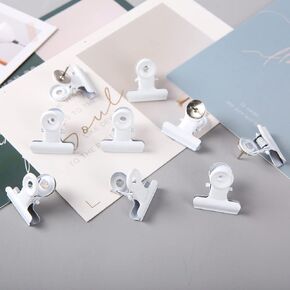 Xfellhay 30 Pieces Push Pins Clips, Bulldog Clips with Thumb Tacks Metal Binder Clips File Paper Clips with Tacks for Cork Board, Bulletin Board, Photo Wall, Map (White)