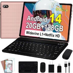 Android 14 Tablet, 128GB+20GB/1TB Expandable, 10.1 Inch Tablets with WiFi 6, Octa-Core, Bluetooth 5.0, Dual 5MP+8MP Camera, 2024 Newest Tablet with Keyboard Mouse - Red