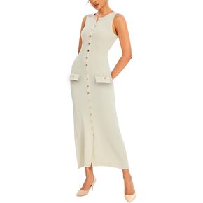 Womens Knit Maxi Dress Sleeveless Bodycon Ribbed Long Tank Dresses Elegant Button Down Workwear Dress